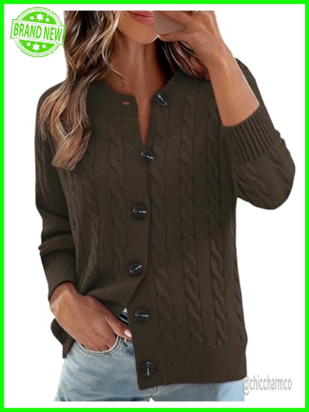 Womens Long Sleeve Button Up Cable Knit Cardigan Crewneck Lightweight Sweater